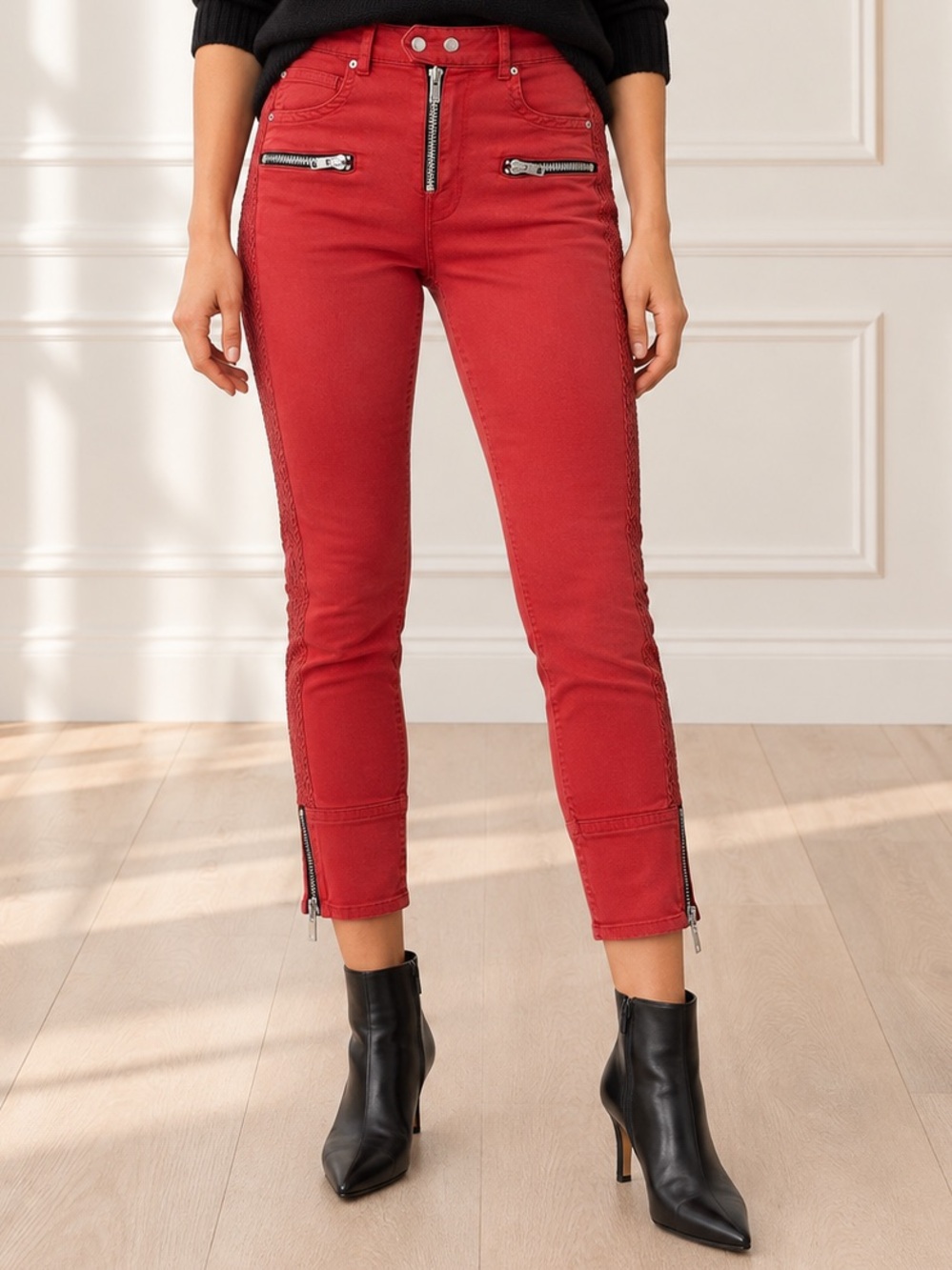 Isabel Marant Etoile Pelona Biker Cropped Jeans Fr 44 US 12 Red Moto Zip Pants